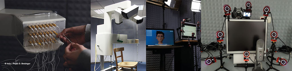 Four views of the platform: the articulograph control unit and its sensor wires, the AG501 in the recording booth, the Vicon capture setup with a talking head on screen, and the ring of OptiTrack cameras.