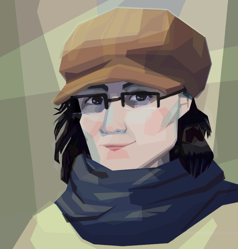 a drawing of Sophie's face wearing a brown hat and a blue scarf